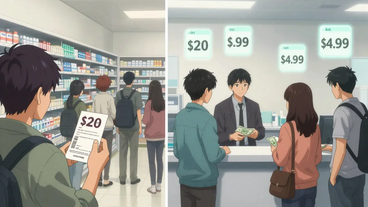 Patients paying  at pharmacy vs .99 at Cost Plus Drug Company in contrasting scenes.