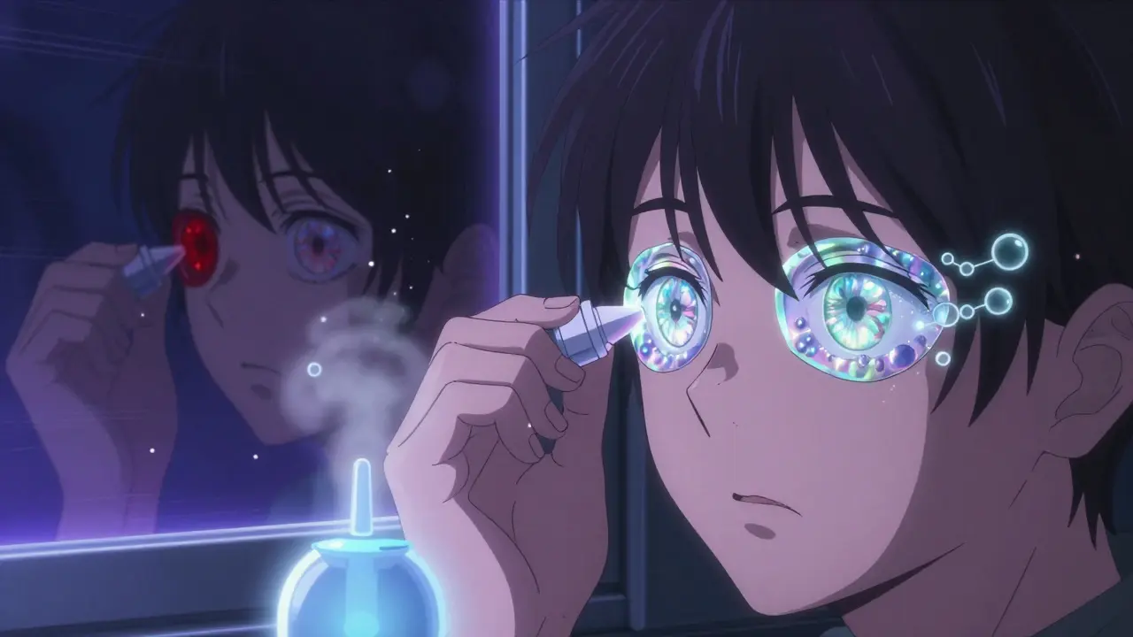 Person applying Miebo eye drops as a shimmering lipid shield forms over their eyes, humidifier mist nearby.