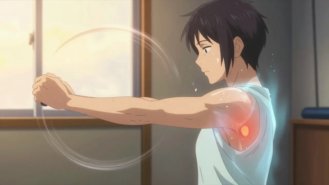 Person doing pendulum exercises in home gym, sweat droplets flying, calm determination on face.