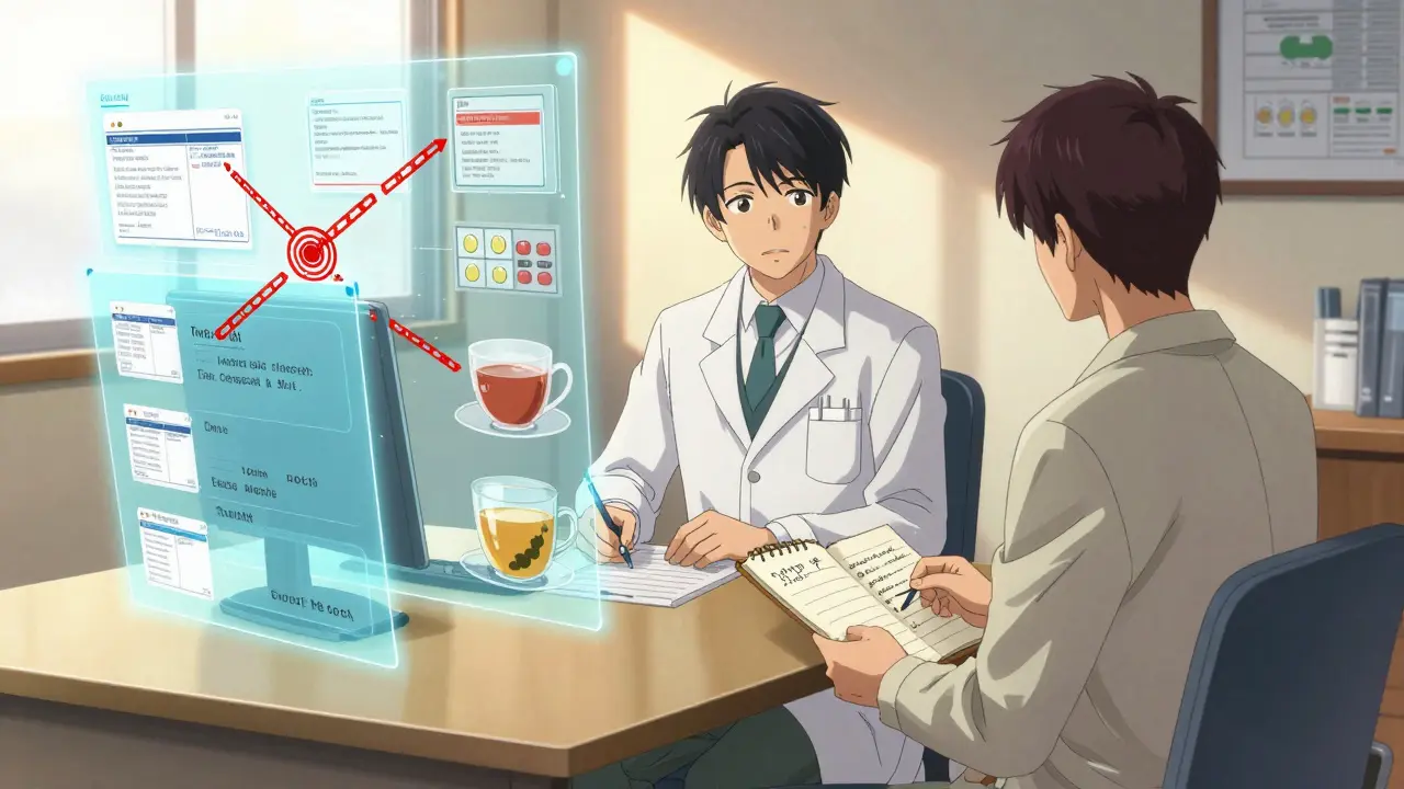 Pharmacist and patient in consultation room with holographic medication interactions and warning chains.