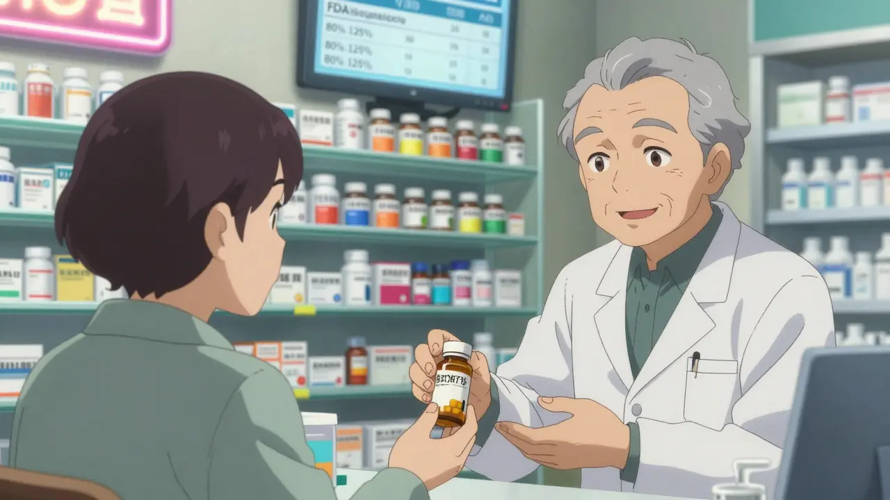 Pharmacist handing a generic pill bottle to an elderly patient, with FDA bioequivalence data visible on a screen.