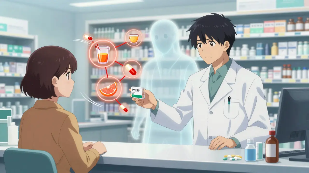 Pharmacist handing a generic pill to a patient as brand-name ghost fades away with interaction icons.