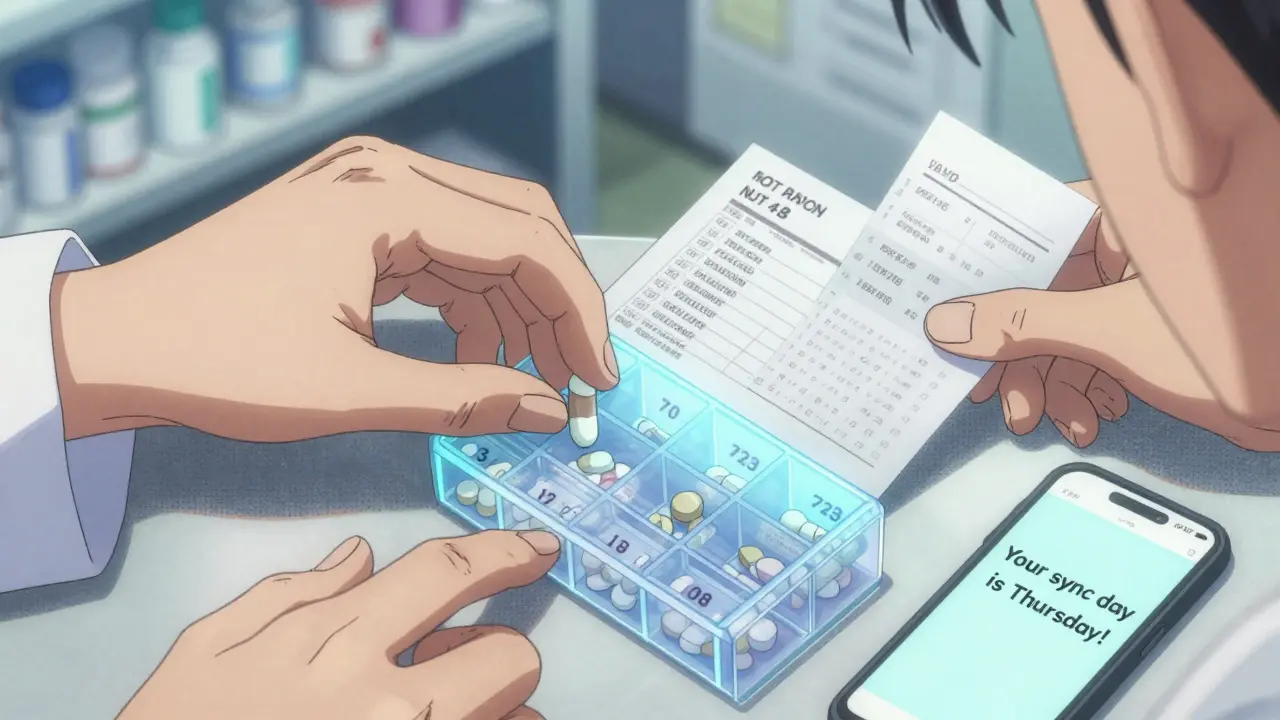 Pharmacist organizing monthly pills into a labeled tray with a reminder text visible on phone.