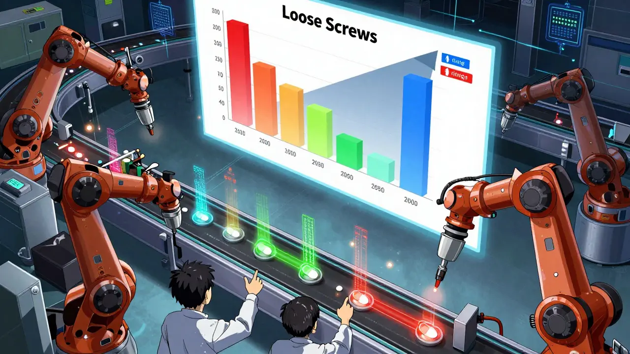 Robotic arms scan pills on a conveyor with floating data streams and a dominant Pareto chart above.
