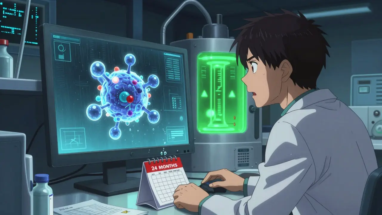 Scientist observing a drug crystal transforming under room temperature while an accelerated test falsely shows success.