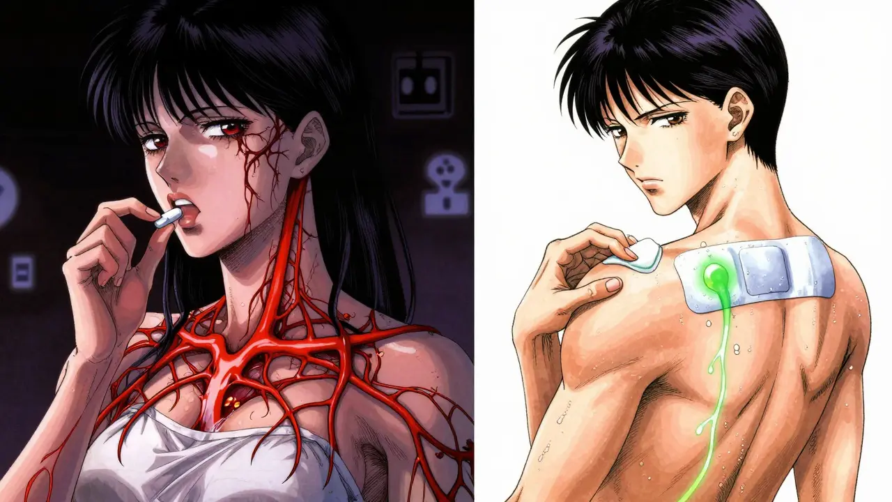 Side-by-side comparison: oral pill causing dangerous blood clots vs. transdermal patch with safe hormone flow.