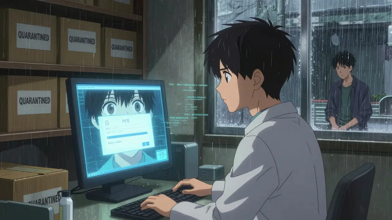 Small pharmacy pharmacist facing a failed drug verification alert, with quarantined boxes behind them.