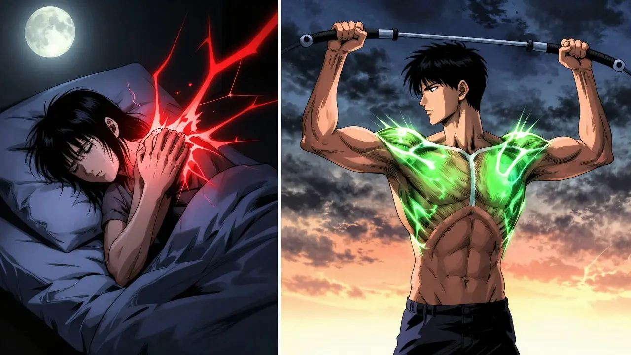 Split image: person in pain at night vs. same person strong during rehab with glowing energy.