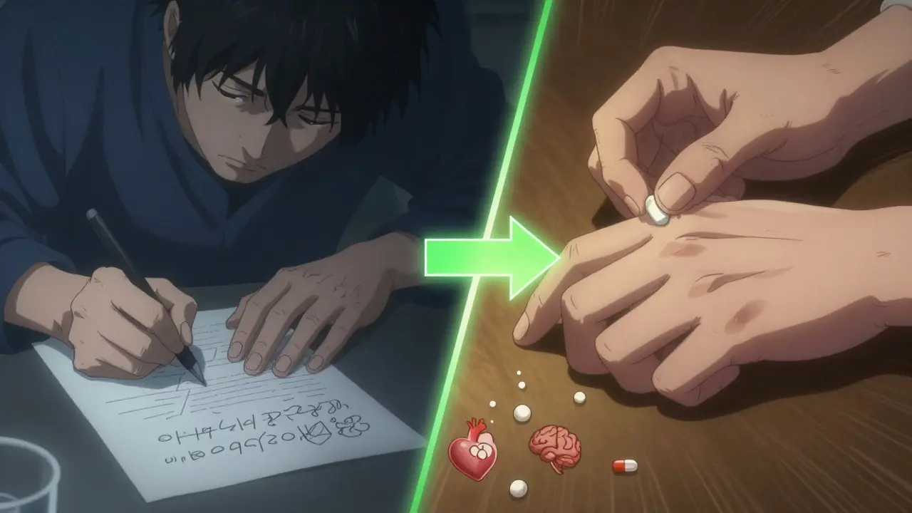 Split image: shaky handwriting vs. steady hand after medication change, glowing arrow between them.