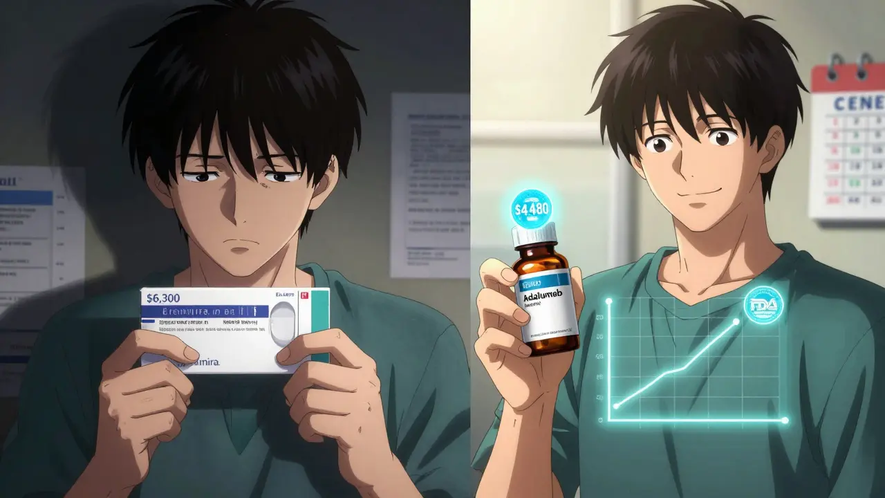Split image showing dramatic cost savings from switching from brand-name drug to generic with FDA seal and blood level graph.