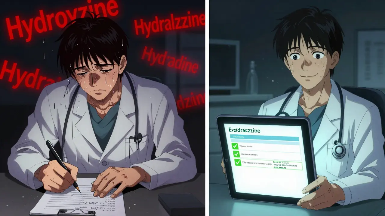 Split scene: chaotic handwritten prescription vs. clean digital e-prescription with safety alerts glowing.