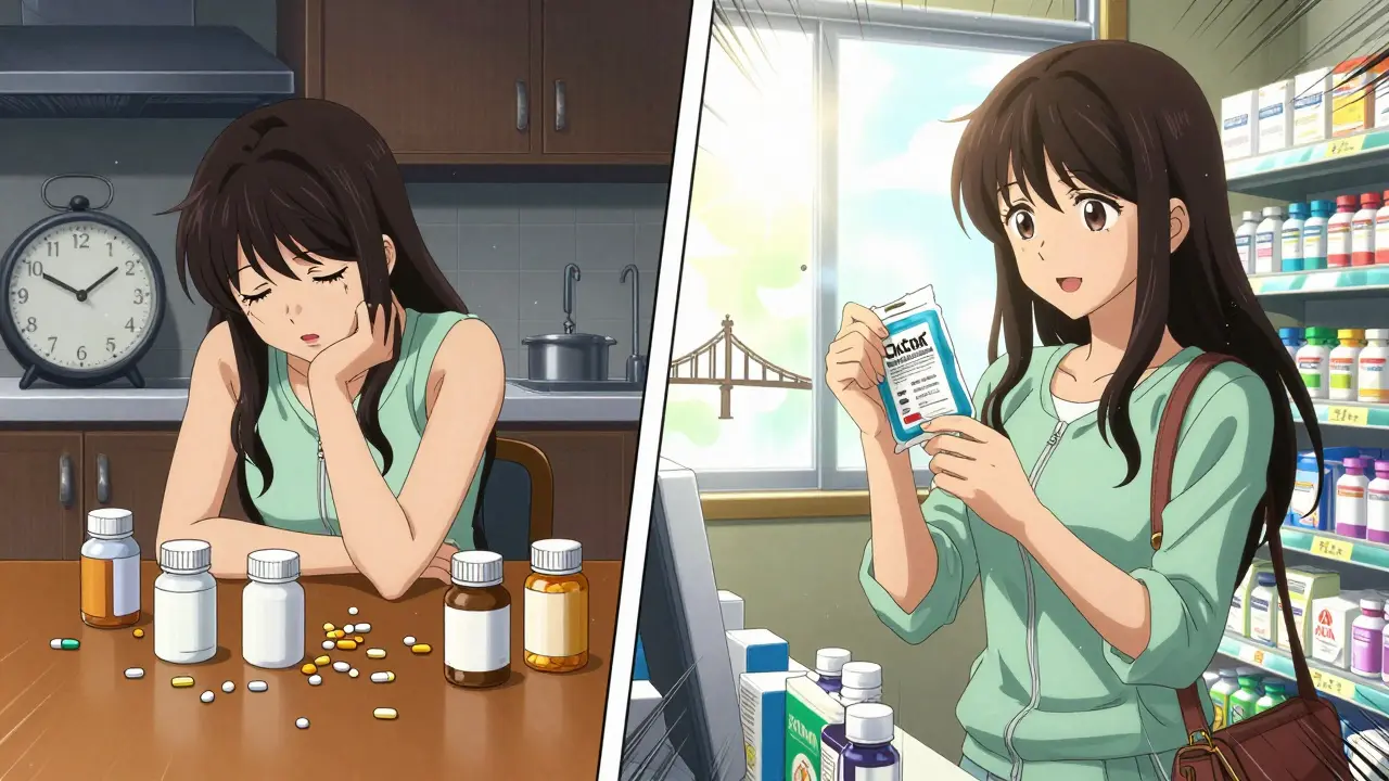Split scene: chaotic scattered pills vs. calm patient picking up one synced medication bag.
