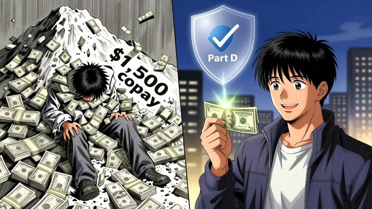 Split scene: person crushed by high copay vs. relieved with low copay and approval stamp