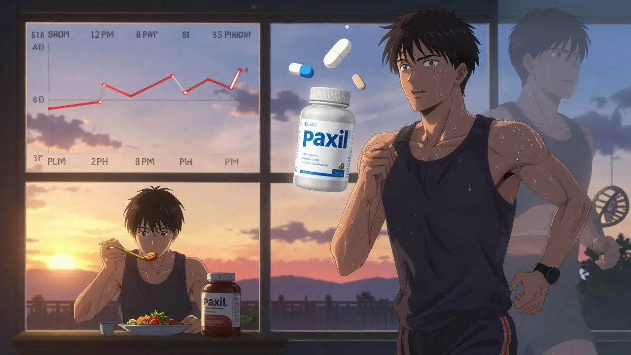 Split scene: person eating healthy meal at sunset, then jogging at dawn with fading Paxil bottle and genetic helix in background.