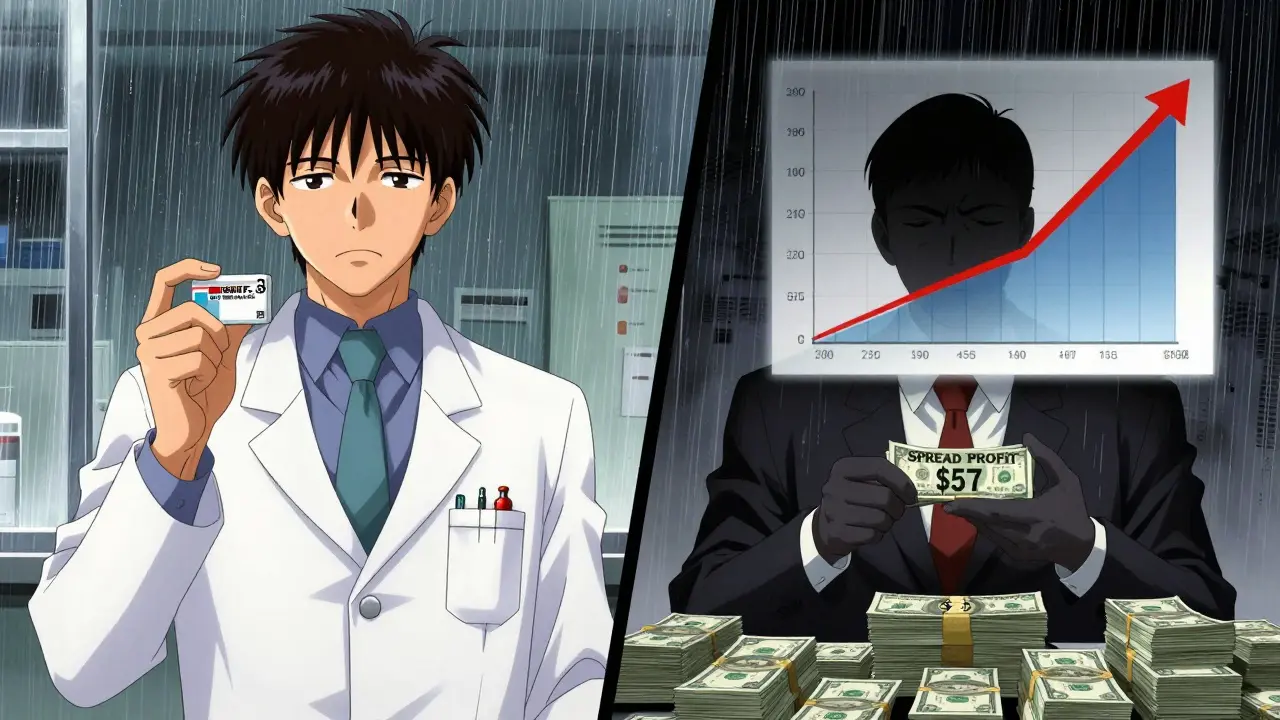 Split scene: pharmacist with cheap generic vs. PBM executive counting profit from drug price spread.