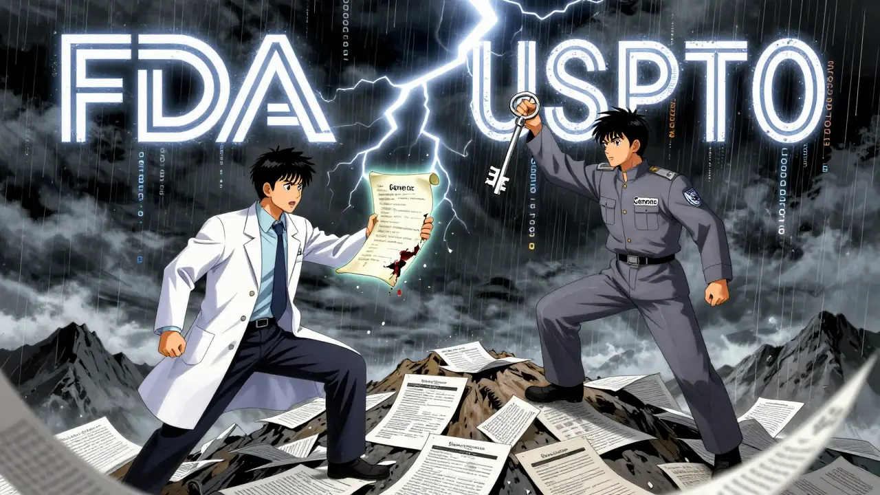 Symbolic battle between brand and generic drug companies over patent expiration.