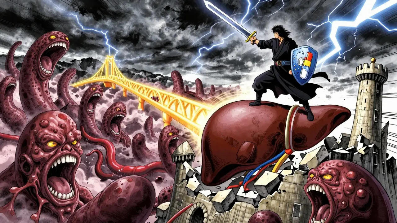 Symbolic warrior fighting varices with banding and beta-blocker tools atop a crumbling liver fortress.