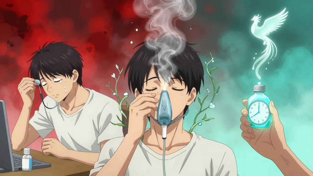 Three-panel illustration showing dry eye treatment steps: drops, humidifier, and prescription healing over time.