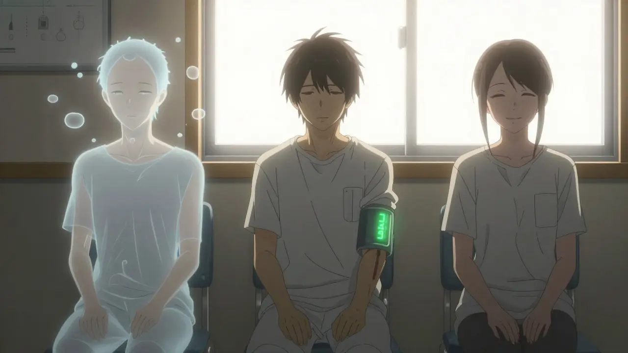 Three patients at different stages of esketamine therapy, showing progression from dissociation to calm recovery.