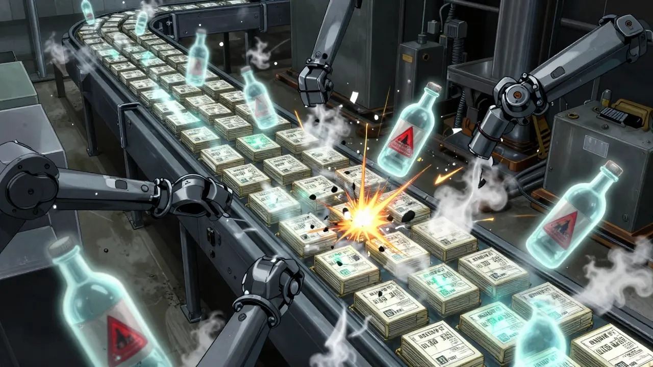 Warehouse conveyor belt with serialized drug packages, counterfeit bottles being crushed by automated arms.