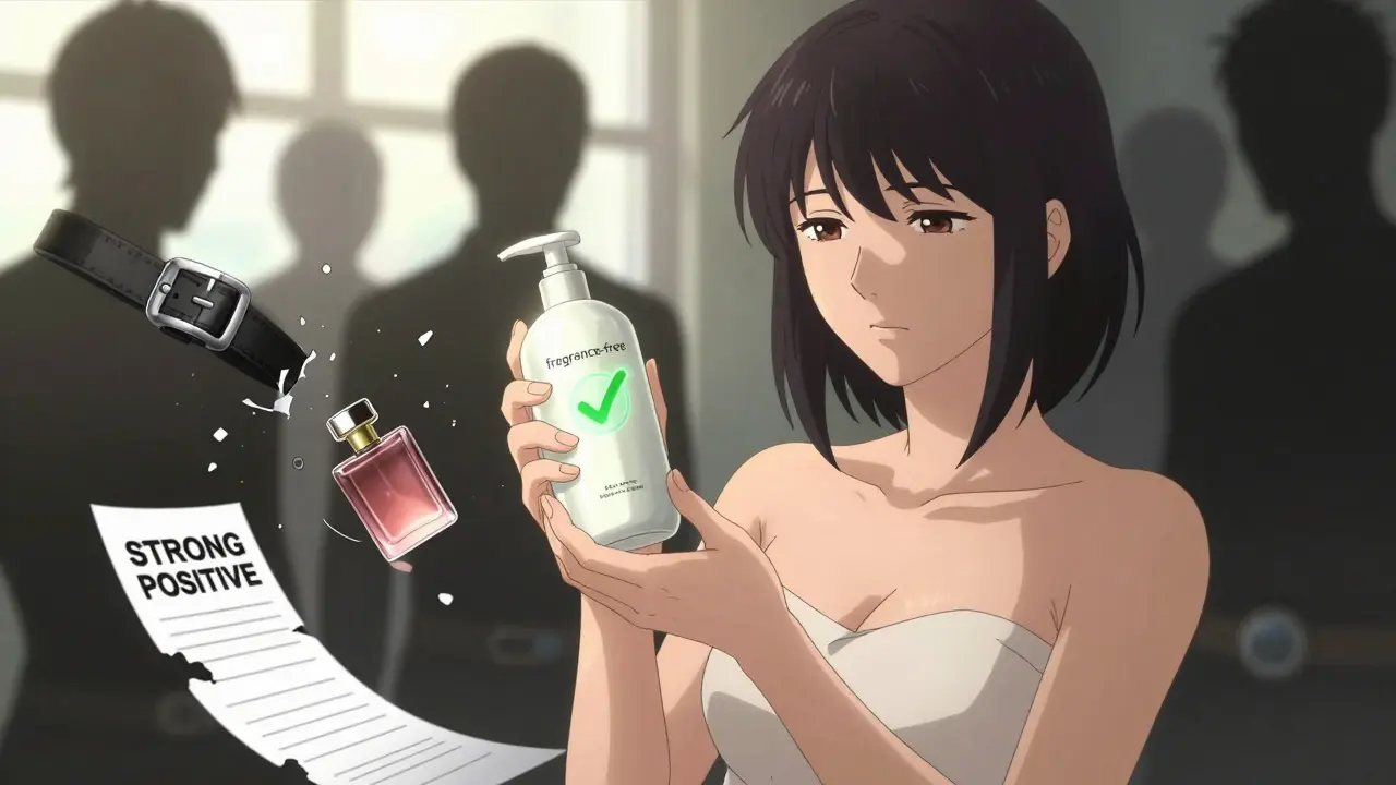 Woman holding safe lotion as allergen items crumble, skin clear and calm.