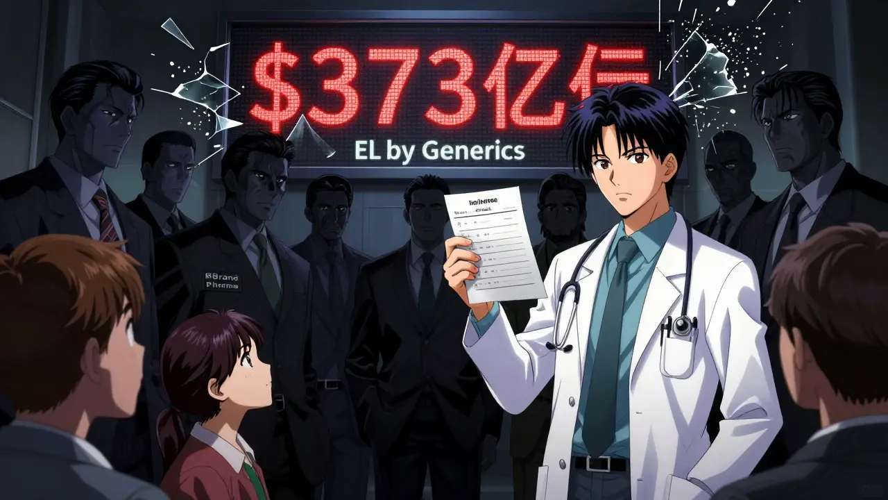 A doctor triumphs over corporate shadows as a scoreboard displays billions saved by generics, patients watching in relief.