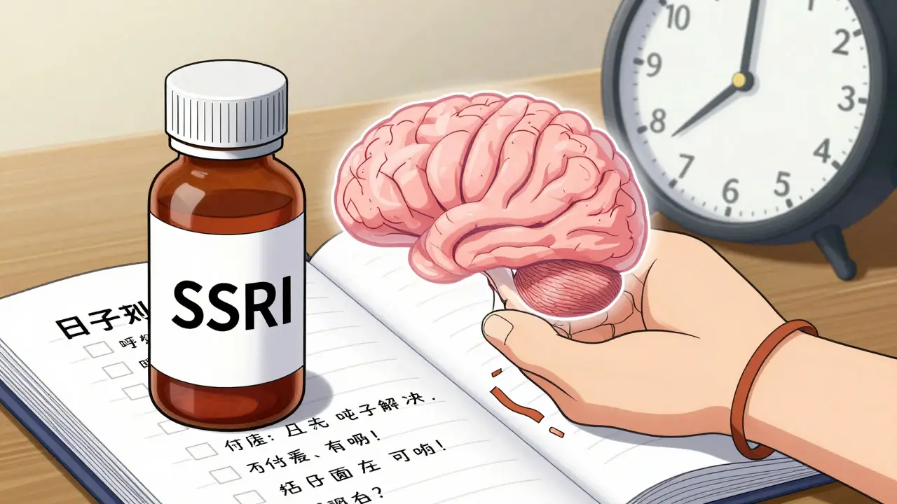 A medicine bottle and journal beside a wrist with a rubber band, with a brain showing neural pathways strengthening over time.