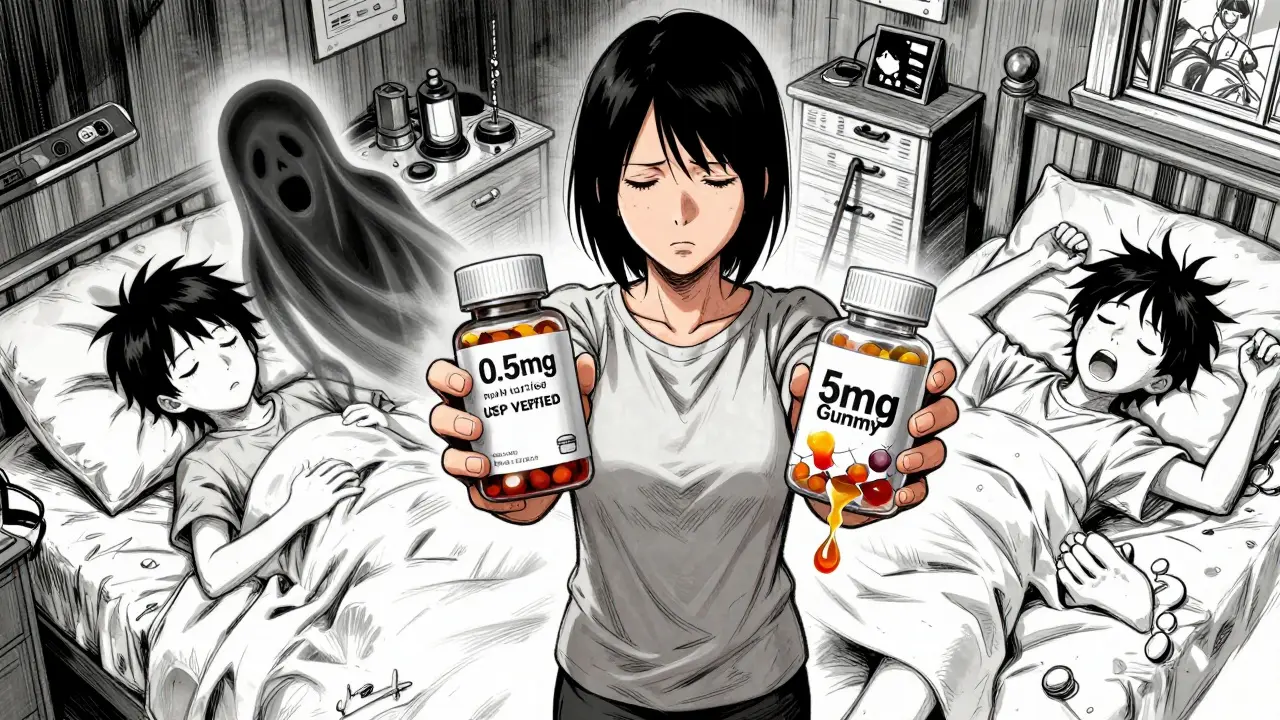 A parent holding two melatonin bottles — one safe, one dangerous — with two versions of their child sleeping differently.