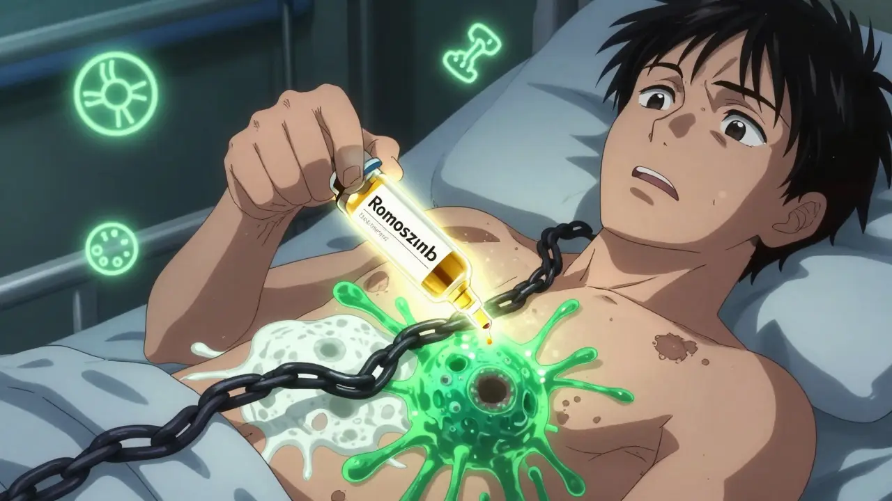 A patient's hand gripping a bed as a golden antibody blocks sclerostin, with new bone regenerating beneath the skin.