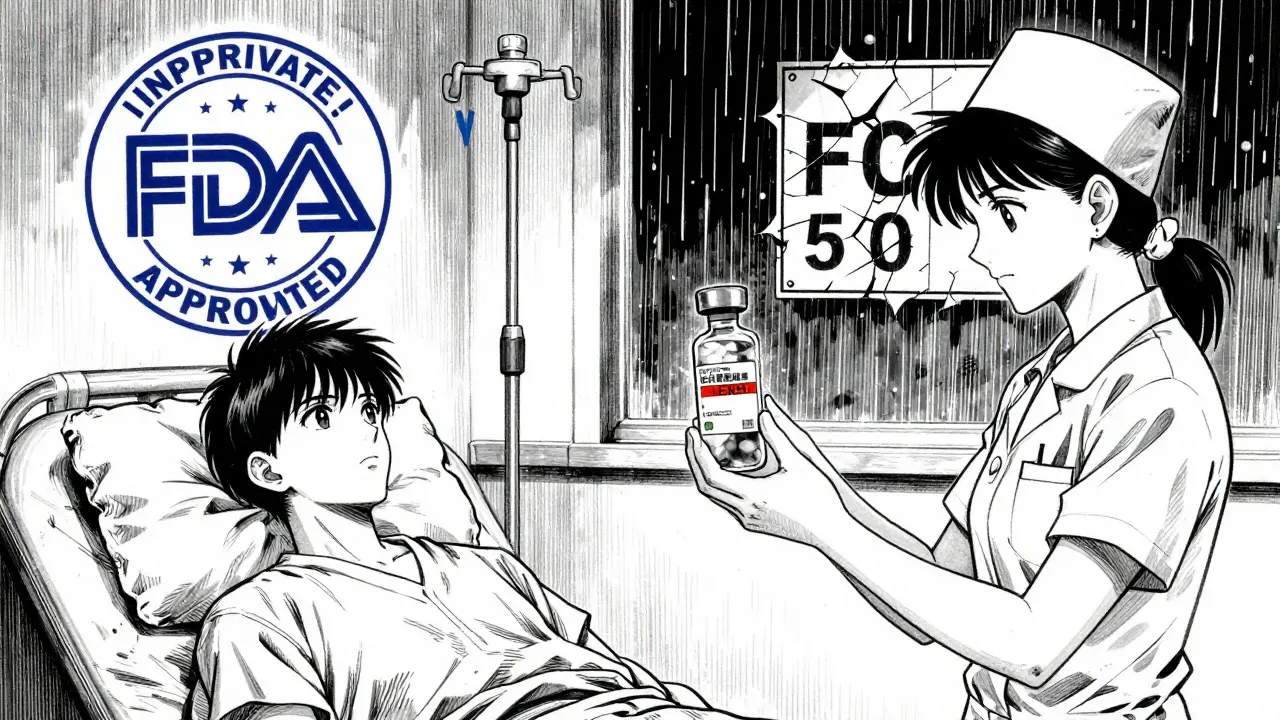 A patient receiving a brand-name cancer drug while a cheaper generic sits out of reach, representing systemic barriers to affordable medicine.