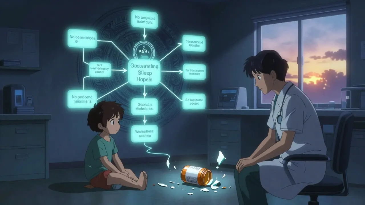 A pediatrician’s office at night with sleep hygiene rules glowing behind a child and parent, while a broken melatonin bottle lies shattered at their feet.