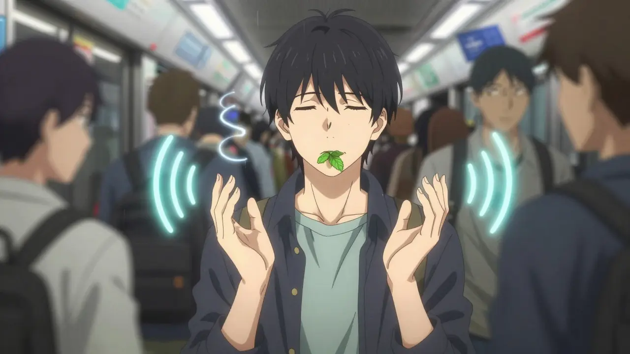 A person in a busy subway using the 5-4-3-2-1 grounding technique, with sensory elements glowing around them.