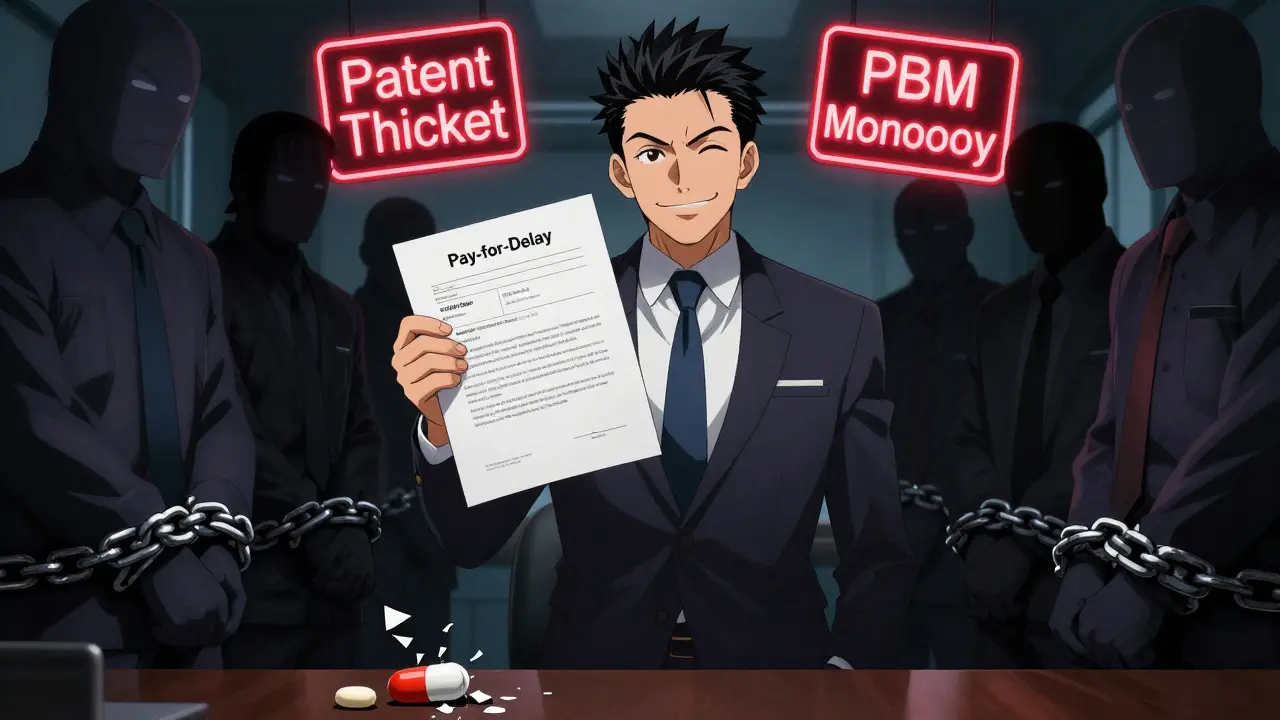 A pharmaceutical executive signing a pay-for-delay deal while generic manufacturers are restrained by chains, symbolizing market manipulation.