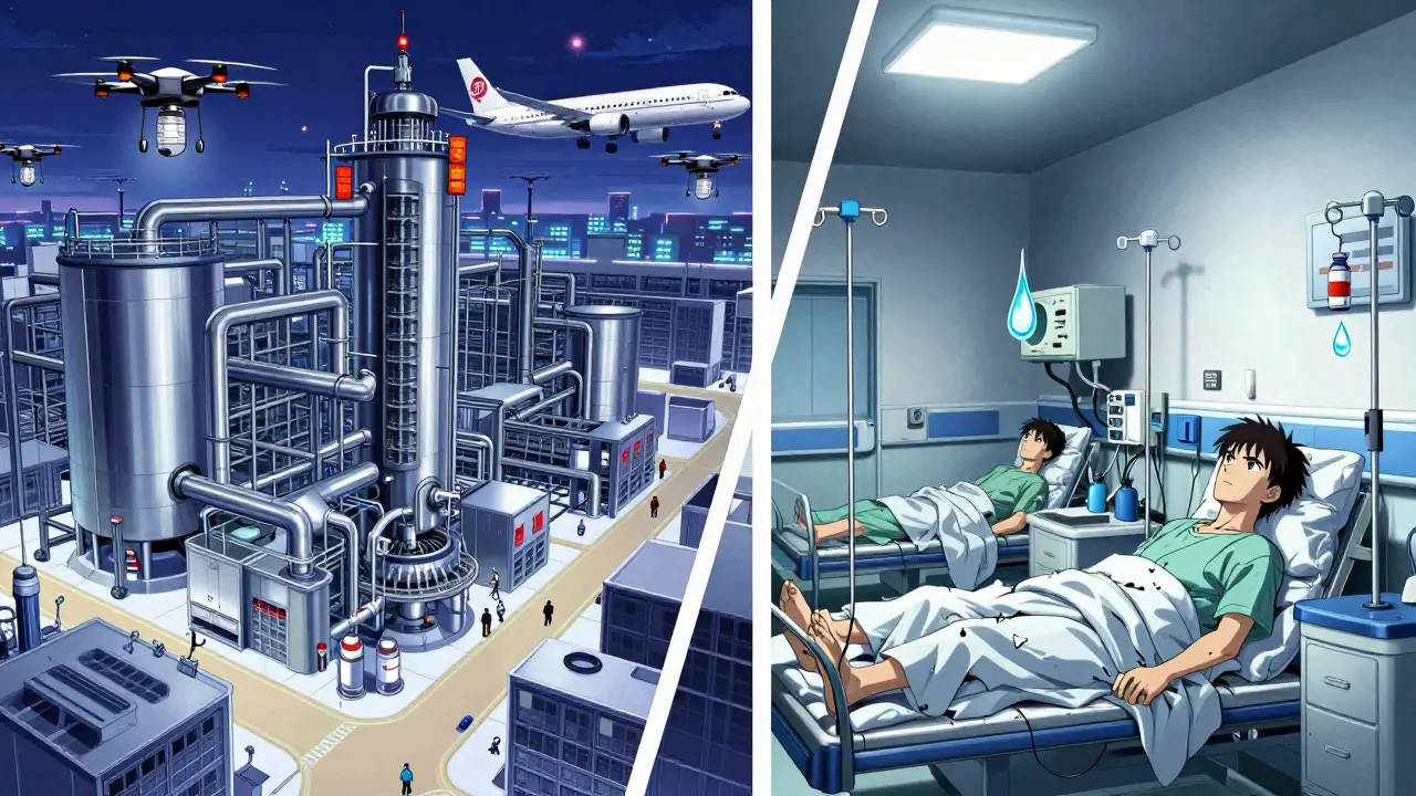 A split scene: a high-tech overseas drug factory on one side, an empty ICU on the other, symbolizing global supply fragility.