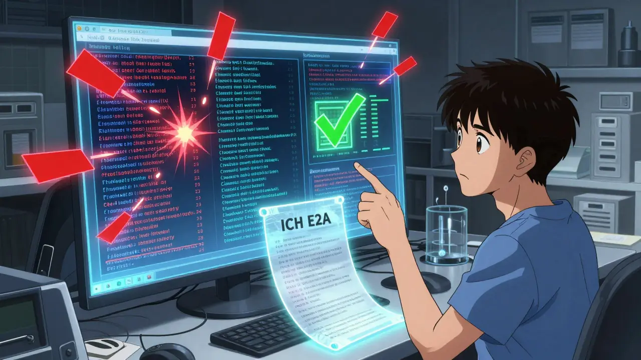 AI system filtering adverse event reports, red flags exploding around errors, green checkmark confirming correct classification.