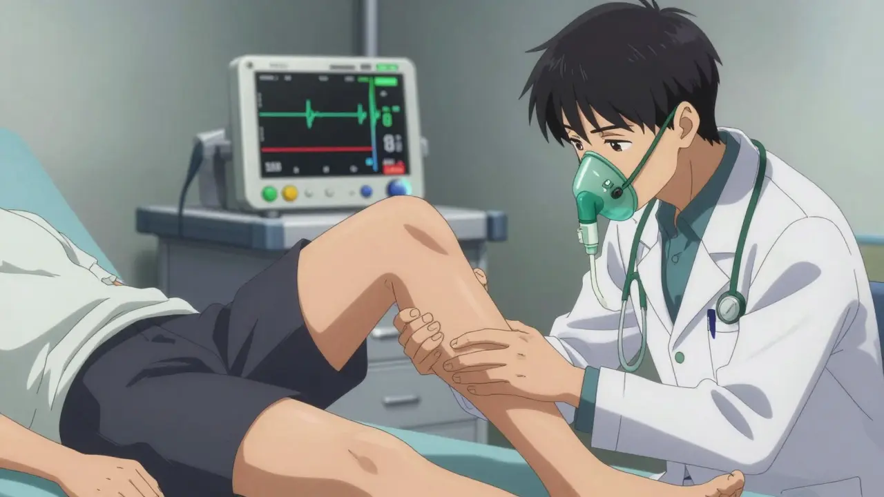 Doctor examining calf muscle of patient on oxygen mask.