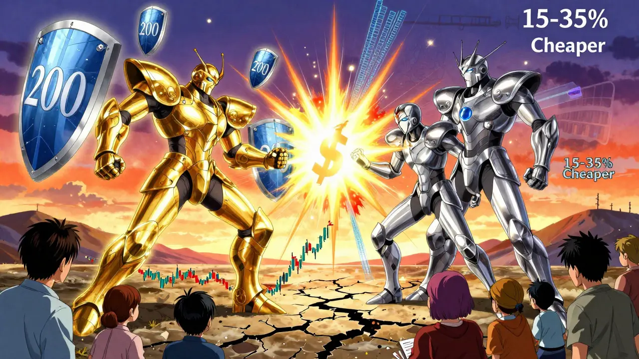 Giant antibody warriors battling over patents and savings in a symbolic financial battlefield.