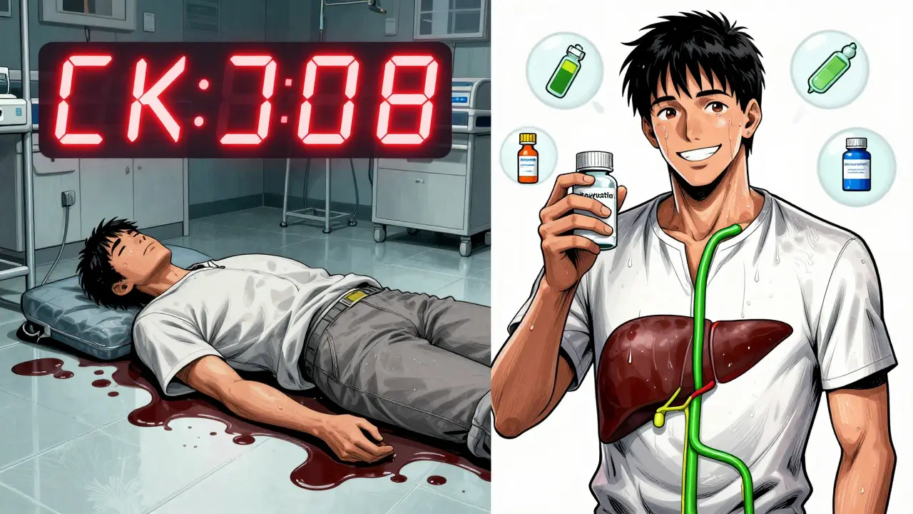 Patient collapsed with dark urine vs. same patient safe on pravastatin, with clean liver pathways.