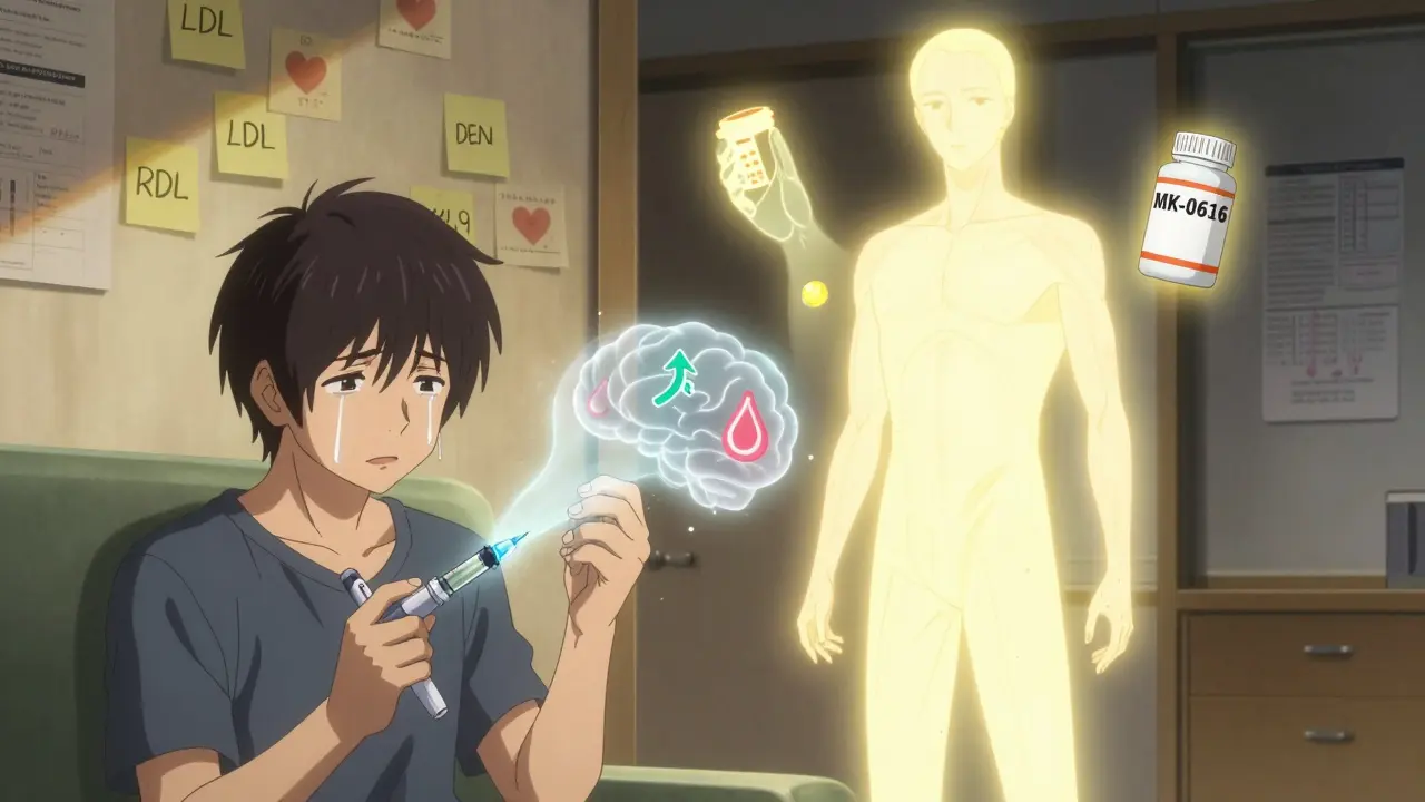 Patient holding PCSK9 injection as past side effects fade, with future oral pill symbol hovering nearby in hopeful lighting.