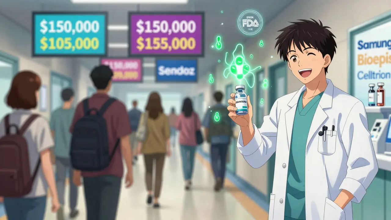 Patients and doctors in a hospital hallway with digital price tags dropping for cancer biosimilars.