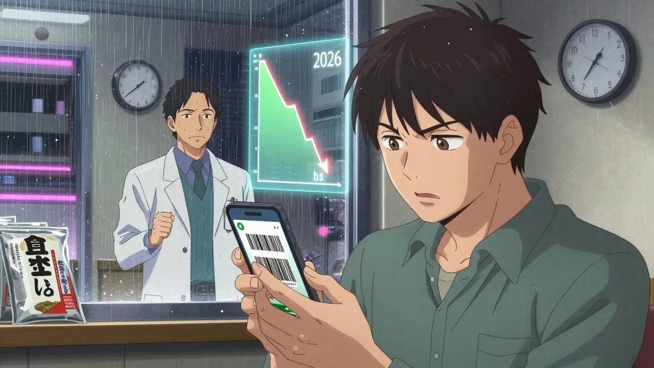 Person scanning food barcode, real-time blood pressure graph dropping above them, doctor in background.