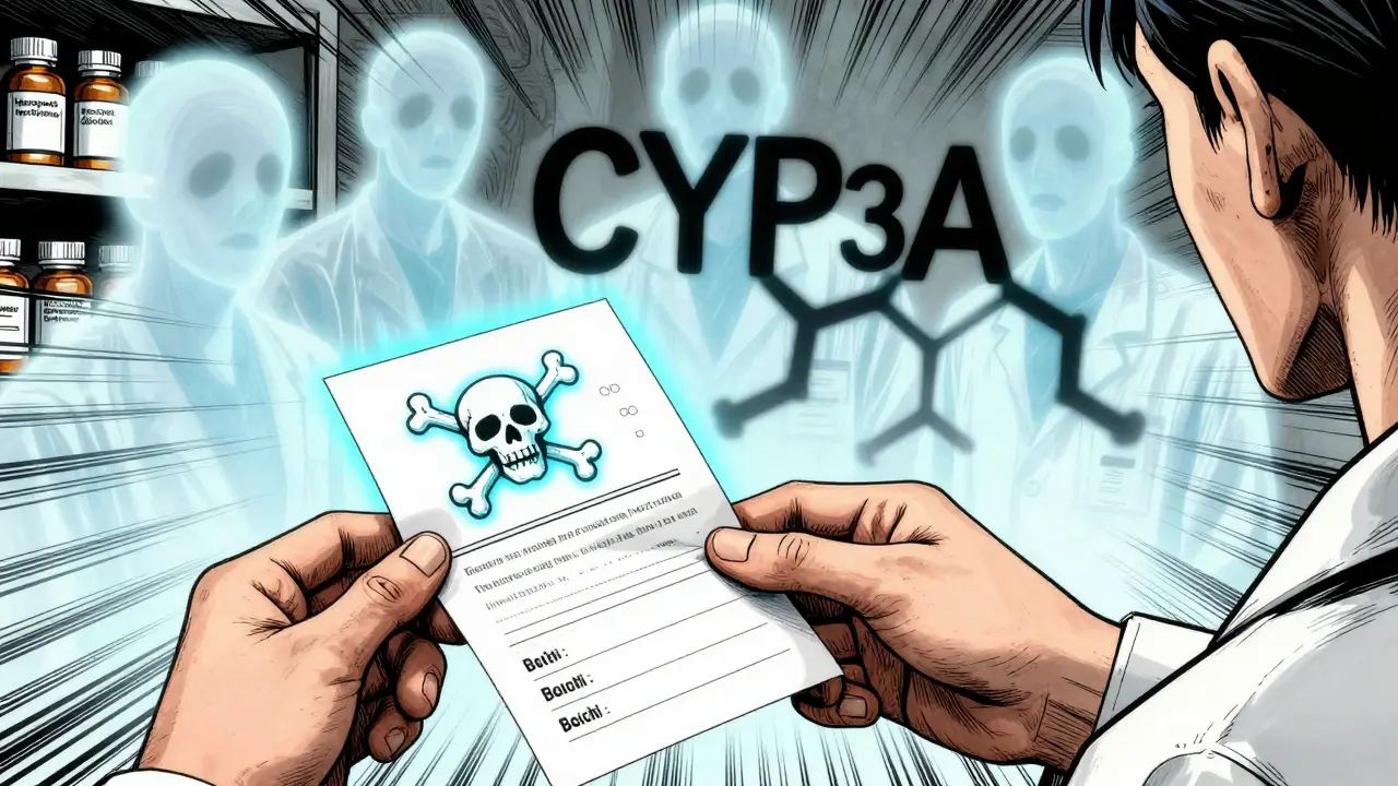 Pharmacist handing a prescription that turns into a warning sign, with ghostly antifungal shadows looming.