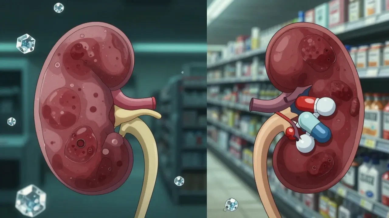 Split medical illustration: unhealthy kidney flooded with salt vs. healthy kidney with medication working.