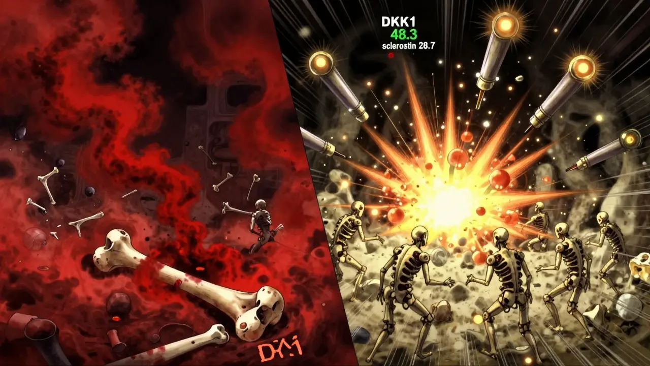 Split-panel battle inside bone marrow: bone destruction versus regeneration, with glowing biomarkers and inhibitor explosions.