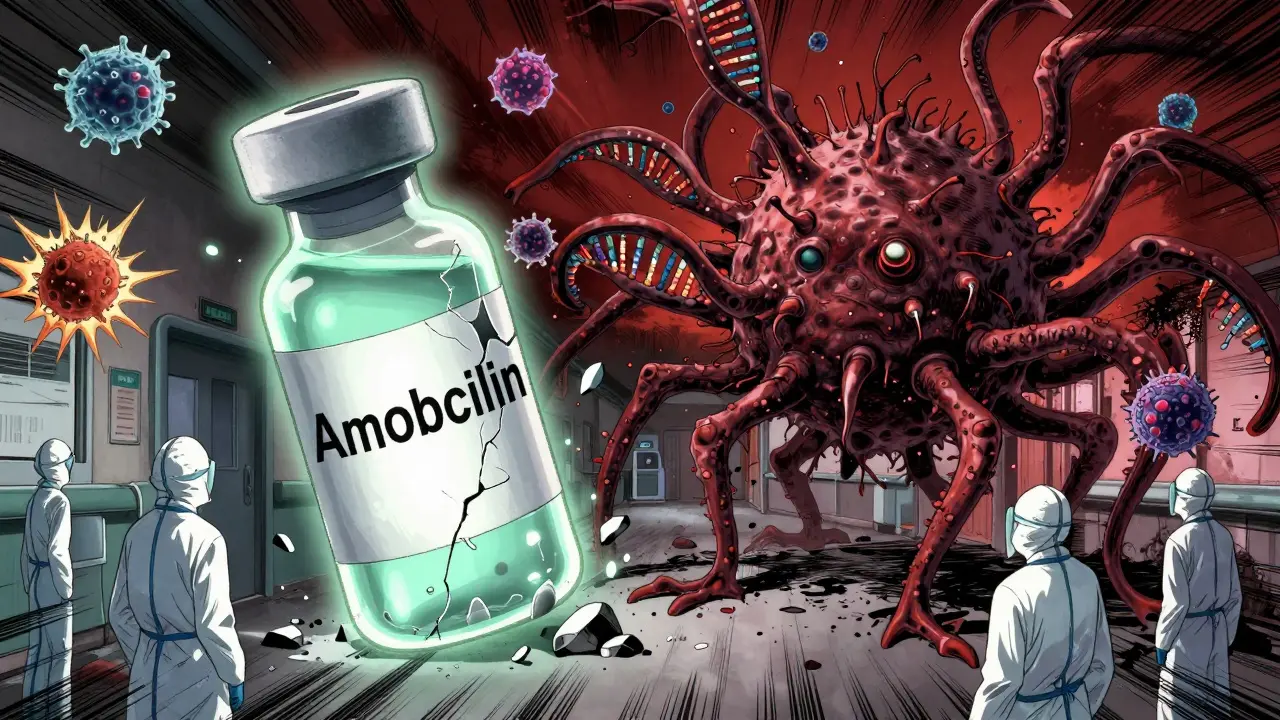 A crumbling antibiotic vial battling a monstrous superbug in a war-torn hospital corridor.