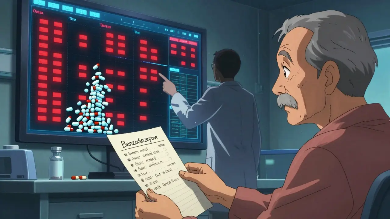 A doctor and senior patient review a glowing digital medication chart filled with red warning clusters in a hospital room.