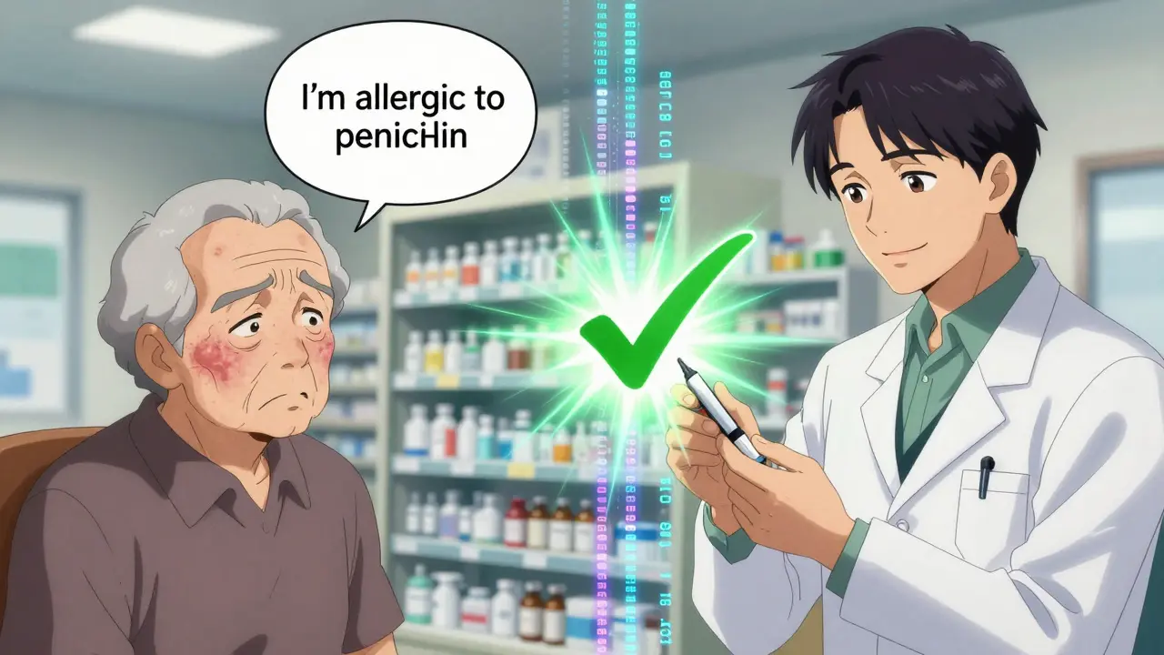 A patient’s journey from vague allergy fear to confirmed safety through testing, with medical symbols transforming from red warnings to green checkmarks.
