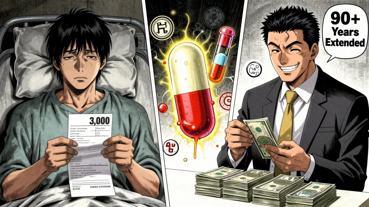 A patient with a high-cost prescription next to a pharmaceutical executive counting cash, with a mutating pill between them.