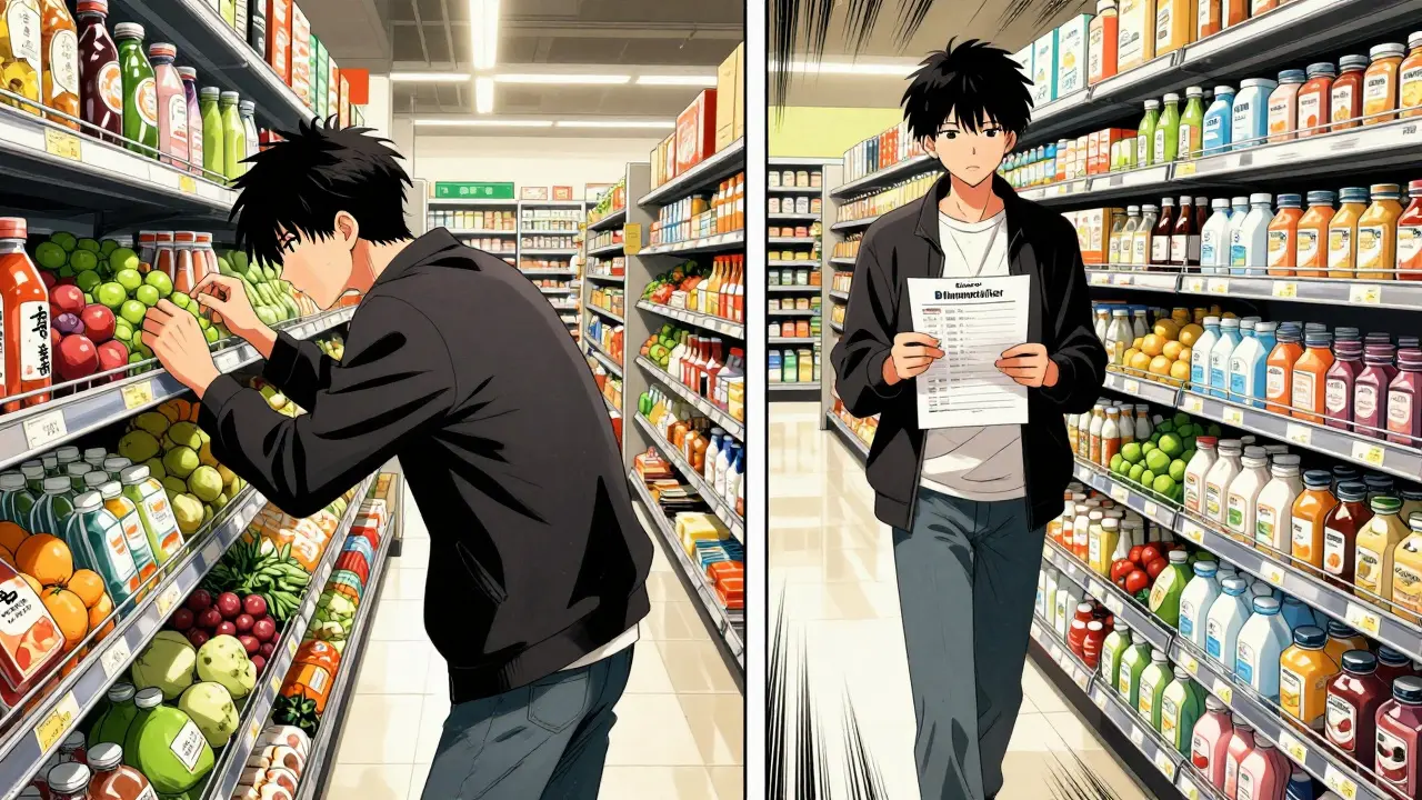 A person choosing groceries with a categorized list, contrasting chaos and order.