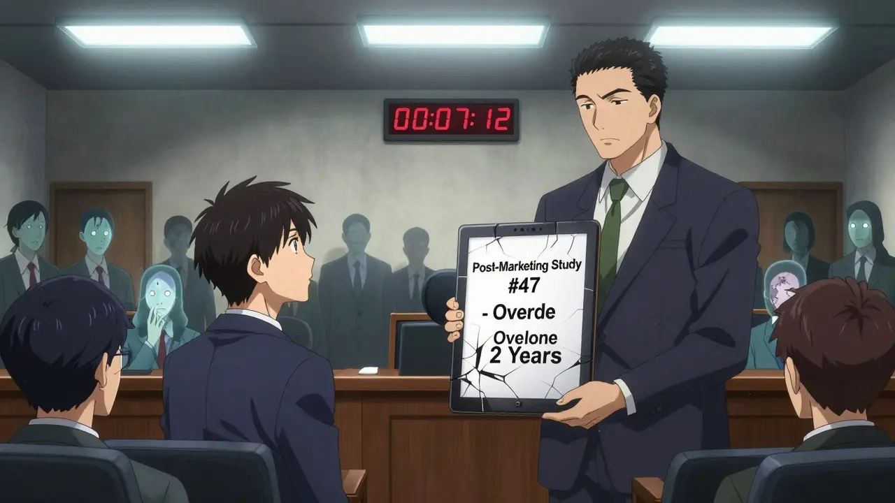 A pharmaceutical executive facing an overdue study notice as ghostly patient side effects loom behind them.